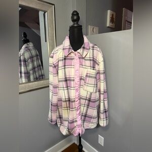 Berkeley Jensen White & Purple Plaid Fleece Shacket Size XXL.  Length 26in